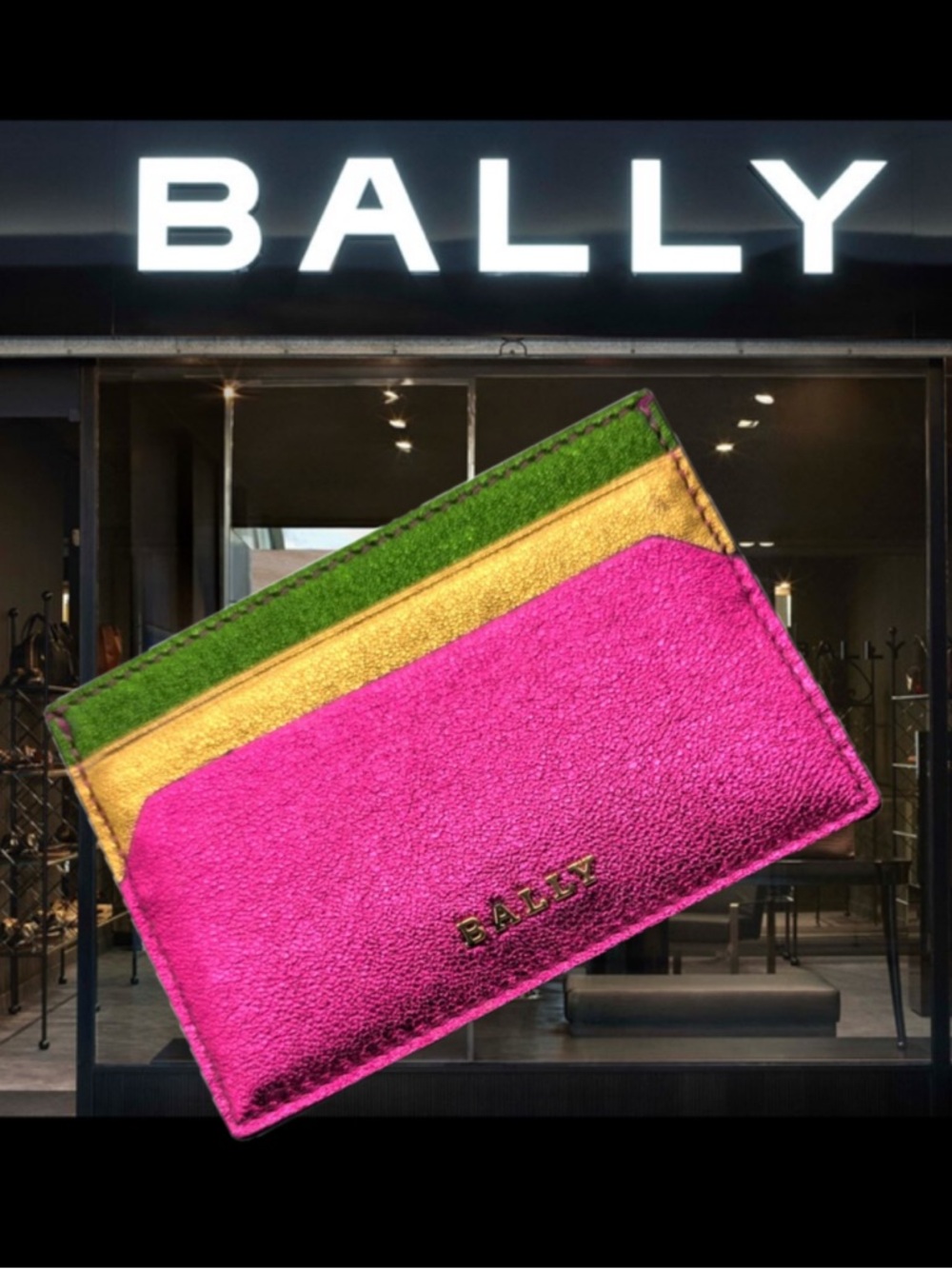 Bally Metallic Pink, Gold & Green Slim Card Case
